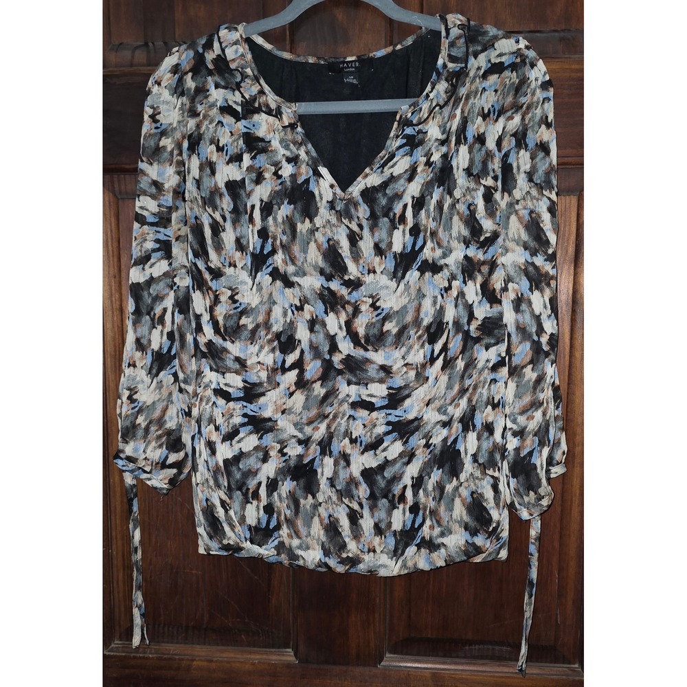 Haver London Womens Abstract Print V-Neck Ruffle Blouse Blue Tan Black Small